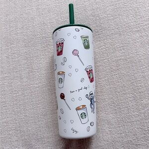 Starbucks White Tumbler with Green Straw and Coffee Cup Design
